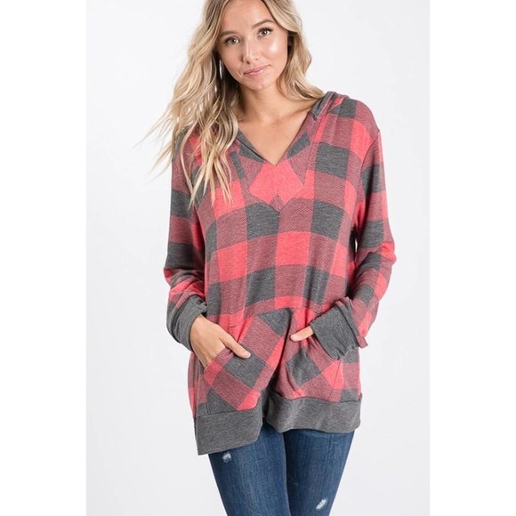 NWT!! Red & Gray Plaid V-Neck Hooded Top - Picture 2 of 9